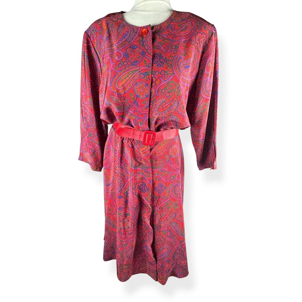 Walden Classics Vintage 80s Dress Size 18 Paisley Secretary Boho Midi with‎ Belt